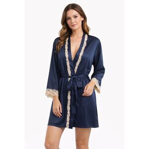 Sapjon Women’s Navy Satin Lace Trim Robe Belted Sleepwear / Nightwear Size Large